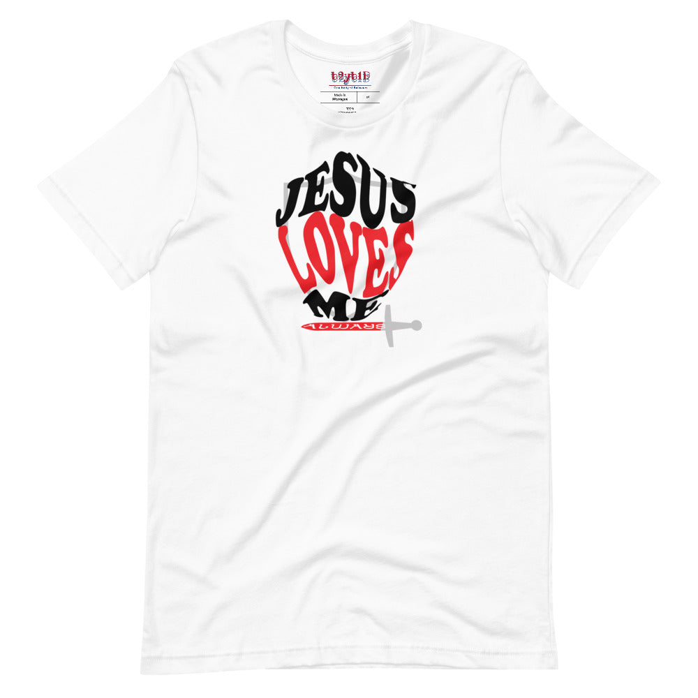 Unisex white “Jesus Loves Me” Shield tee  from One Believer — inspirational Christian shirt spreading faith through everyday fashion.
