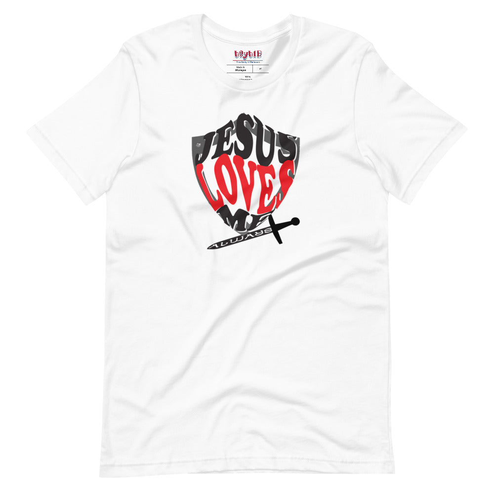 Unisex  white “Jesus Loves Me” Shield tee  from One Believer — inspirational Christian shirt spreading faith through everyday fashion.
