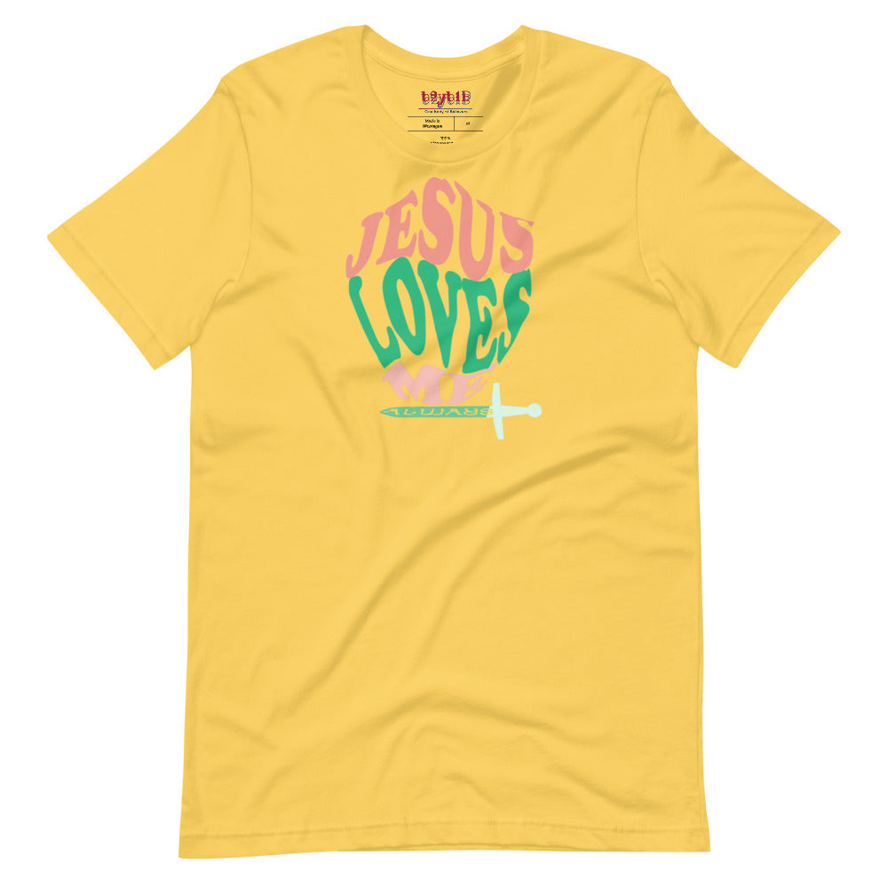 Unisex yellow “Jesus Loves Me” Shield tee  from One Believer — inspirational Christian shirt spreading faith through everyday fashion.